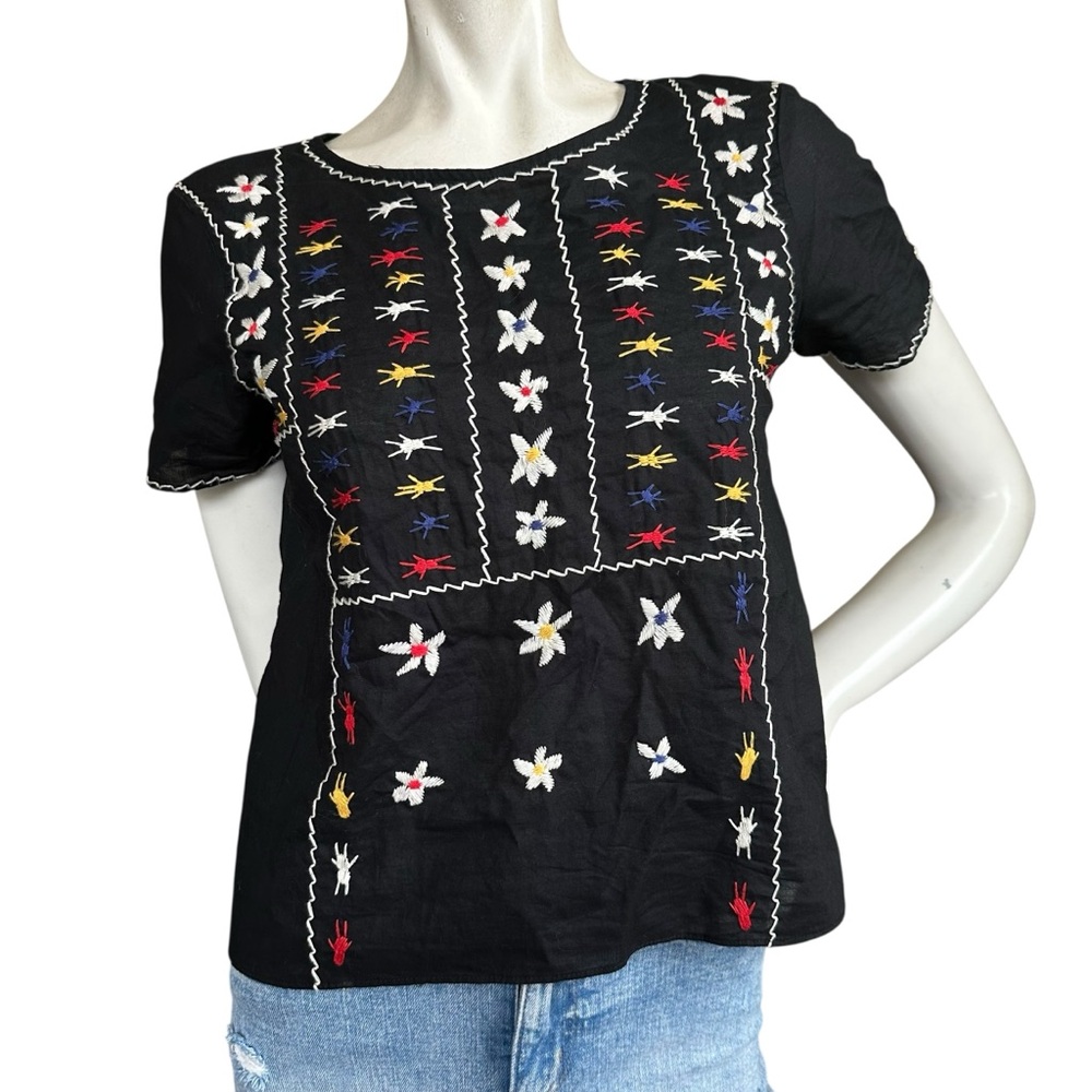 Madewell Short Sleeve Rainbow Floral Embroidered Tie-Back Cutout Top Cotton XS